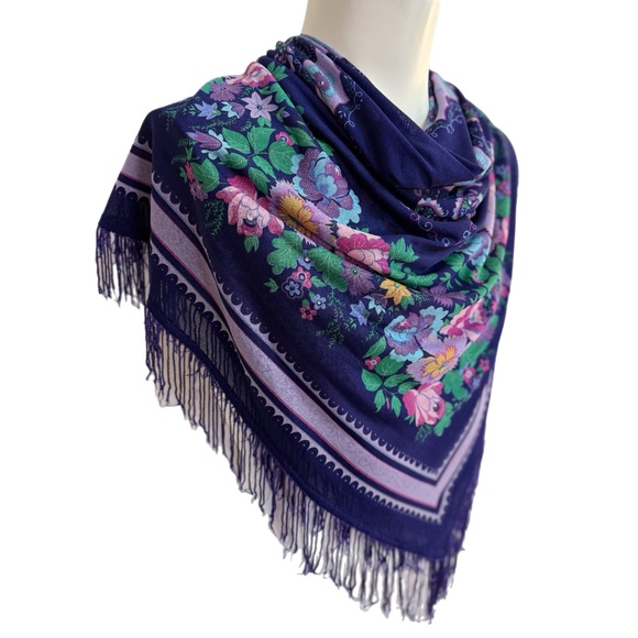 Vintage Saks Fifth Avenue Floral Scarf | Dark Purple Square with Fringe - Picture 7 of 10